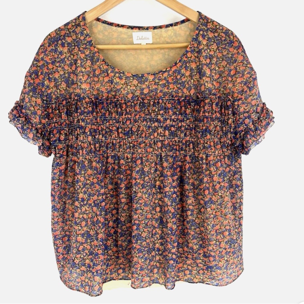 Anthropologie Deletta Top Size Small Pink Robyn Smocked Floral Print Blouse